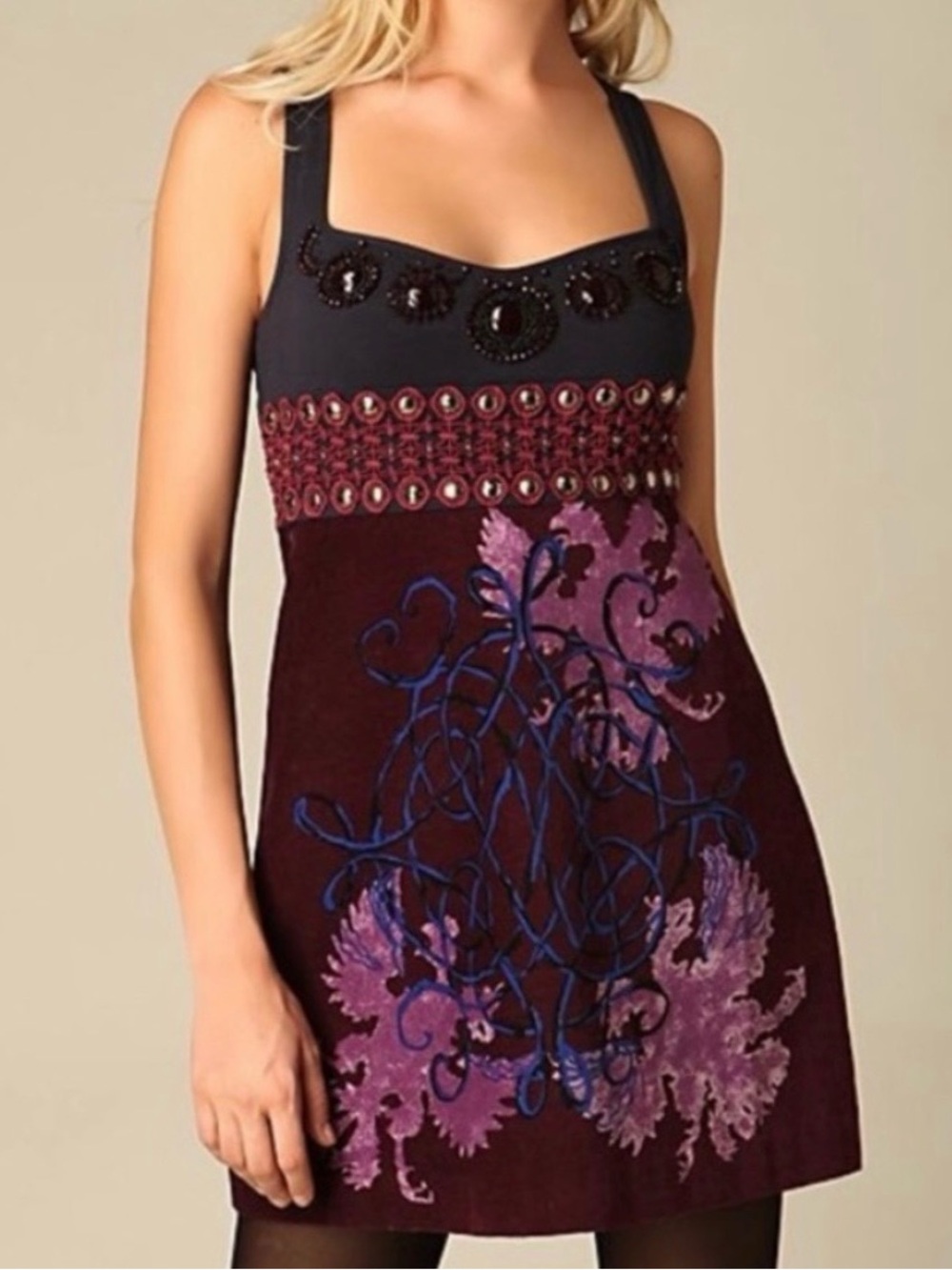 Free People Beaded Purple Halter Mini Dress Crocheted Bodice Sz 10 - runs small